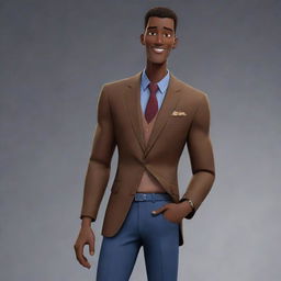 A tall, animated cartoon man with dark skin complexion, wearing trendy attire