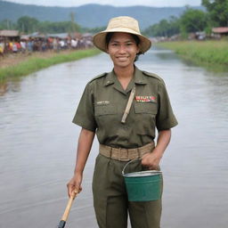 A brave and beautiful native Indonesian woman wearing a TNI uniform, carrying a fishing rod and bucket with a backdrop of townsfolk participating in a fishing competition in the river