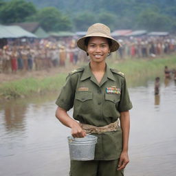 A brave and beautiful native Indonesian woman wearing a TNI uniform, carrying a fishing rod and bucket with a backdrop of townsfolk participating in a fishing competition in the river