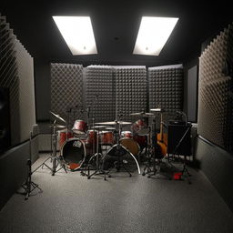 A single-room studio designed with acoustic features. It has foam panels on the walls, a sound mixer in the corner, and instruments neatly arranged around the room.