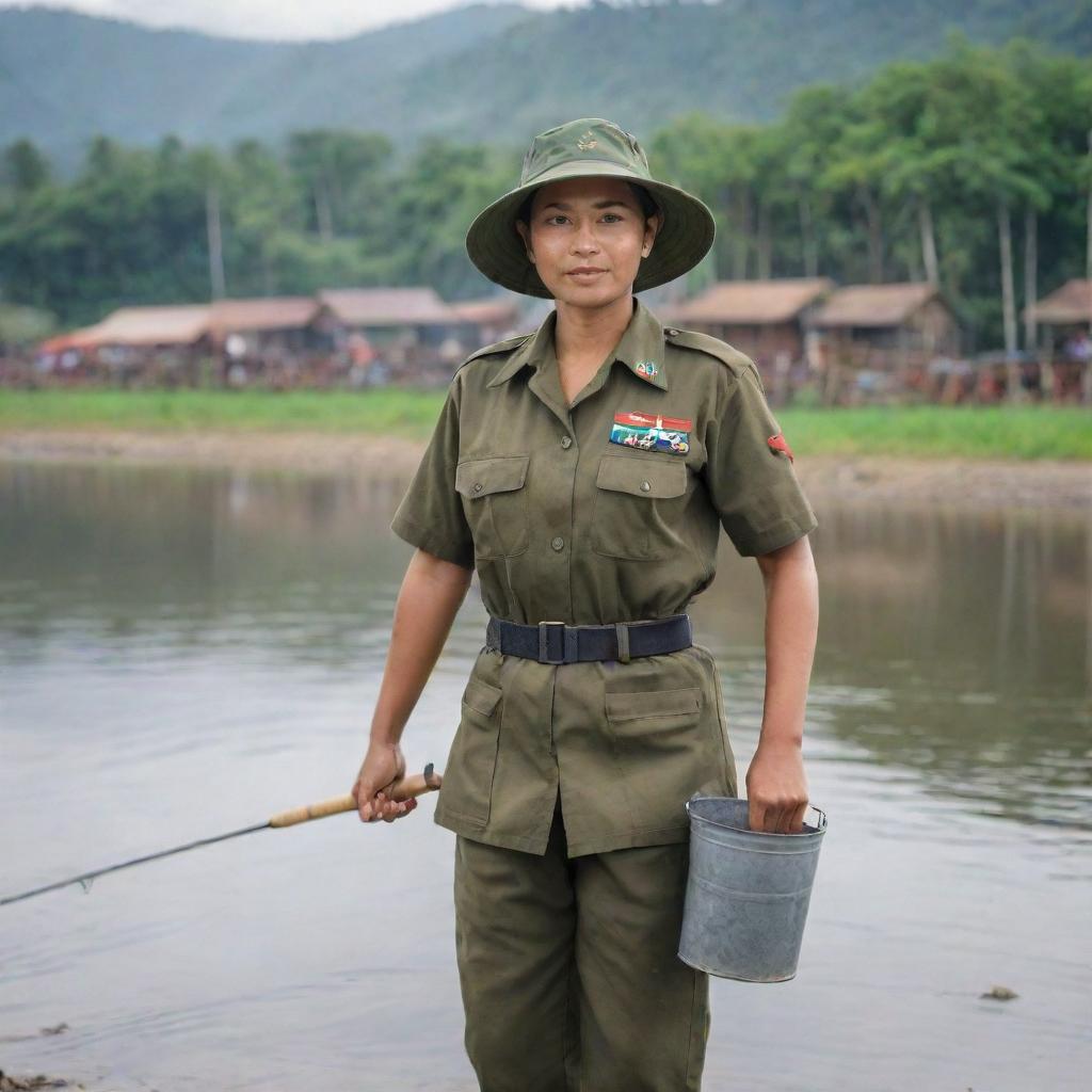 A brave and beautiful native Indonesian woman wearing a TNI uniform, carrying a fishing rod and bucket with a backdrop of townsfolk participating in a fishing competition in the river