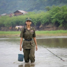 A brave and beautiful native Indonesian woman wearing a TNI uniform, carrying a fishing rod and bucket with a backdrop of townsfolk participating in a fishing competition in the river