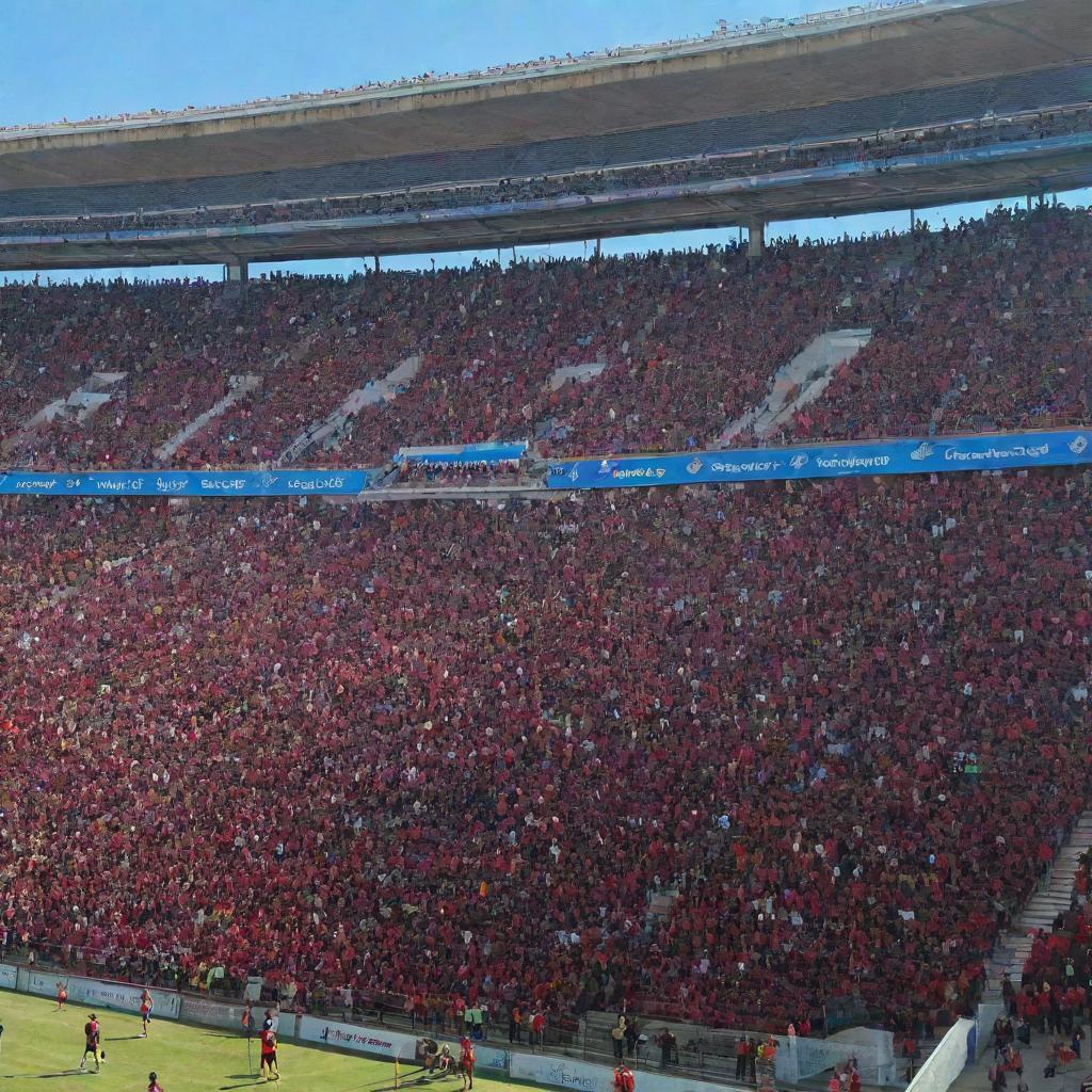 Logo of USM Alger, an Algerian football club, prominently displayed against a backdrop of their home stadium packed with enthusiastic fans, under a bright, clear blue sky.