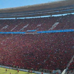 Logo of USM Alger, an Algerian football club, prominently displayed against a backdrop of their home stadium packed with enthusiastic fans, under a bright, clear blue sky.