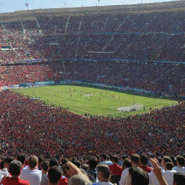 Logo of USM Alger, an Algerian football club, prominently displayed against a backdrop of their home stadium packed with enthusiastic fans, under a bright, clear blue sky.