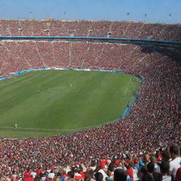 Logo of USM Alger, an Algerian football club, prominently displayed against a backdrop of their home stadium packed with enthusiastic fans, under a bright, clear blue sky.