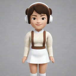 Roblox avatar with short, brown ponytail hair, wearing white earmuffs and a light brown top paired with a white skirt