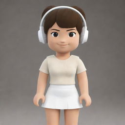 Roblox avatar with short, brown ponytail hair, wearing white earmuffs and a light brown top paired with a white skirt