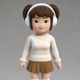 Roblox avatar with short, brown ponytail hair, wearing white earmuffs and a light brown top paired with a white skirt