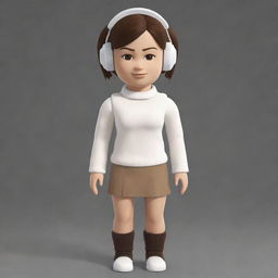 Roblox avatar with short, brown ponytail hair, wearing white earmuffs and a light brown top paired with a white skirt