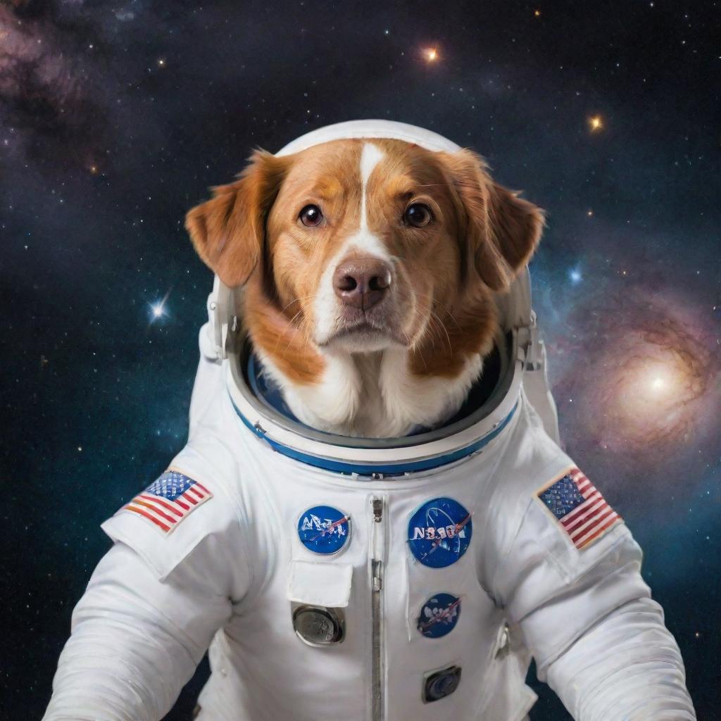 A brave dog wearing an astronaut suit, floating in the middle of space with distant galaxies and stars in the background.