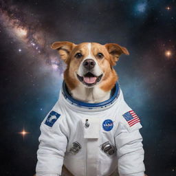 A brave dog wearing an astronaut suit, floating in the middle of space with distant galaxies and stars in the background.