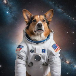 A brave dog wearing an astronaut suit, floating in the middle of space with distant galaxies and stars in the background.