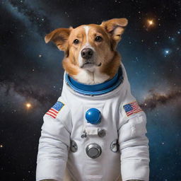 A brave dog wearing an astronaut suit, floating in the middle of space with distant galaxies and stars in the background.