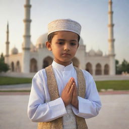 A young Muslim boy respectfully praying in traditional clothing with a beautiful mosque in the background during sunset.