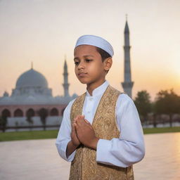 A young Muslim boy respectfully praying in traditional clothing with a beautiful mosque in the background during sunset.