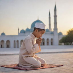 A young Muslim boy respectfully praying in traditional clothing with a beautiful mosque in the background during sunset.