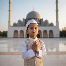 A young Muslim boy respectfully praying in traditional clothing with a beautiful mosque in the background during sunset.