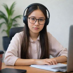 Generate a realistic image of a Hazara girl from Afghanistan, aged 18, sitting behind a laptop learning English through an online course. She's wearing glasses and headphones. Her desk is adorned with English books, her phone, and a cup of coffee.