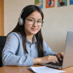 Generate a realistic image of a Hazara girl from Afghanistan, aged 18, sitting behind a laptop learning English through an online course. She's wearing glasses and headphones. Her desk is adorned with English books, her phone, and a cup of coffee.