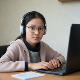 Generate a realistic image of a Hazara girl from Afghanistan, aged 18, sitting behind a laptop learning English through an online course. She's wearing glasses and headphones. Her desk is adorned with English books, her phone, and a cup of coffee.