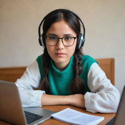 Generate a realistic image of a Hazara girl from Afghanistan, aged 18, sitting behind a laptop learning English through an online course. She's wearing glasses and headphones. Her desk is adorned with English books, her phone, and a cup of coffee.