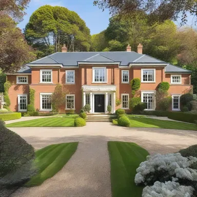 The modern mansion had a large driveway where the homeowners could drive around the beautifully landscaped gardens.
