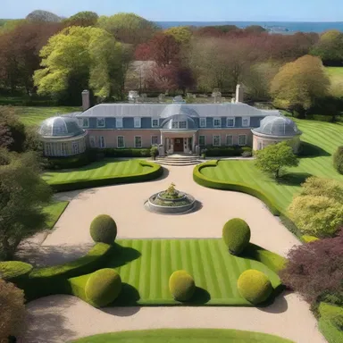 The modern mansion had a large driveway where the homeowners could drive around the beautifully landscaped gardens.
