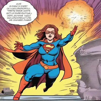 In the comic strip, the superhero has the ability to shoot down fireballs from her hands to defeat the villains.
