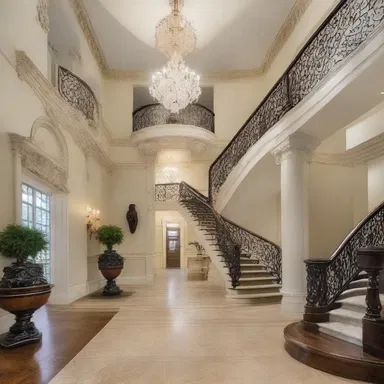 The grand staircase shoots down from the top floor, creating a dramatic focal point in the luxurious mansion.