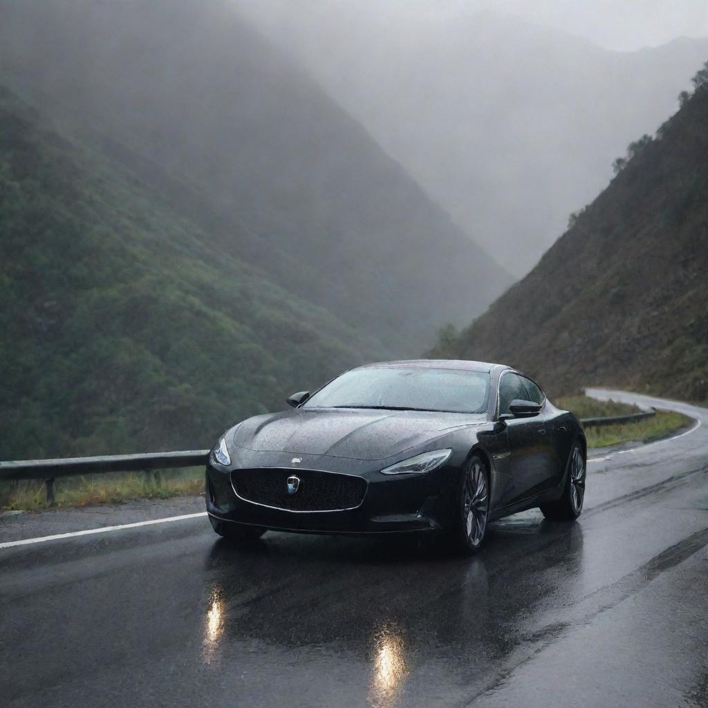 A sleek black car on a mountain road with rain falling gently around it.