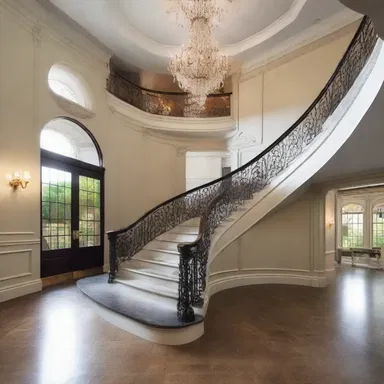 The grand staircase shoots down from the top floor, creating a dramatic focal point in the luxurious mansion.