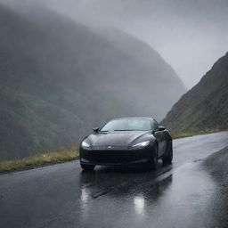 A sleek black car on a mountain road with rain falling gently around it.