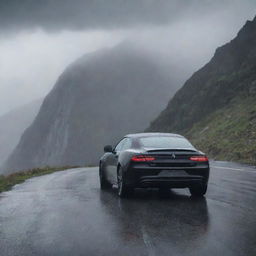 A sleek black car on a mountain road with rain falling gently around it.