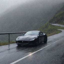 A sleek black car on a mountain road with rain falling gently around it.