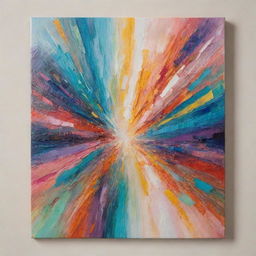 A canvas painted with a mix of vibrant and subtle colors in an abstract style, featuring intricate strokes and depth, glowing under the warm, gleaming light.