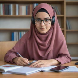 Generate a realistic image of a Pashtoon girl from Afghanistan, aged 18, using a smartphone to learn English through an online course. She's wearing a hijab, glasses, and headphones. Her desk is adorned with English books, her phone, and a cup of coffee.