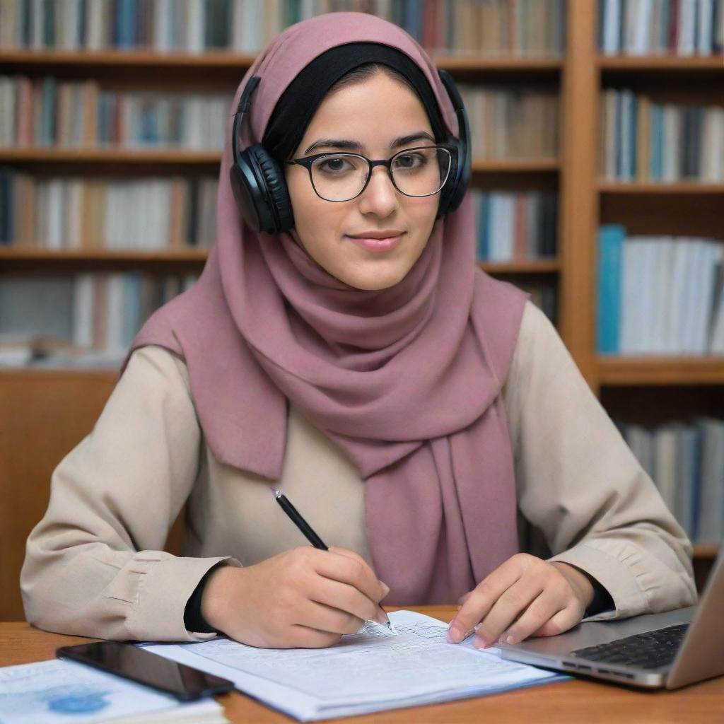 Generate a realistic image of a Pashtoon girl from Afghanistan, aged 18, using a smartphone to learn English through an online course. She's wearing a hijab, glasses, and headphones. Her desk is adorned with English books, her phone, and a cup of coffee.