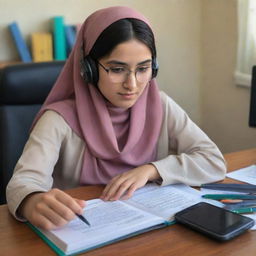 Generate a realistic image of a Pashtoon girl from Afghanistan, aged 18, using a smartphone to learn English through an online course. She's wearing a hijab, glasses, and headphones. Her desk is adorned with English books, her phone, and a cup of coffee.