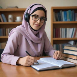 Generate a realistic image of a Pashtoon girl from Afghanistan, aged 18, using a smartphone to learn English through an online course. She's wearing a hijab, glasses, and headphones. Her desk is adorned with English books, her phone, and a cup of coffee.