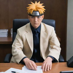 Naruto Uzumaki dressed in a professional banker's attire, sitting in an office, working diligently with a powerful aura