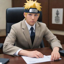 Naruto Uzumaki dressed in a professional banker's attire, sitting in an office, working diligently with a powerful aura