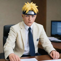 Naruto Uzumaki dressed in a professional banker's attire, sitting in an office, working diligently with a powerful aura