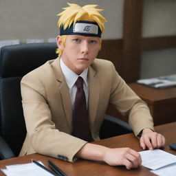 Naruto Uzumaki dressed in a professional banker's attire, sitting in an office, working diligently with a powerful aura