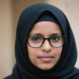 A young girl with a stylish pair of glasses, casually clad in a black hijab.