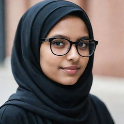 A young girl with a stylish pair of glasses, casually clad in a black hijab.