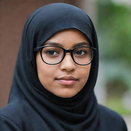 A young girl with a stylish pair of glasses, casually clad in a black hijab.