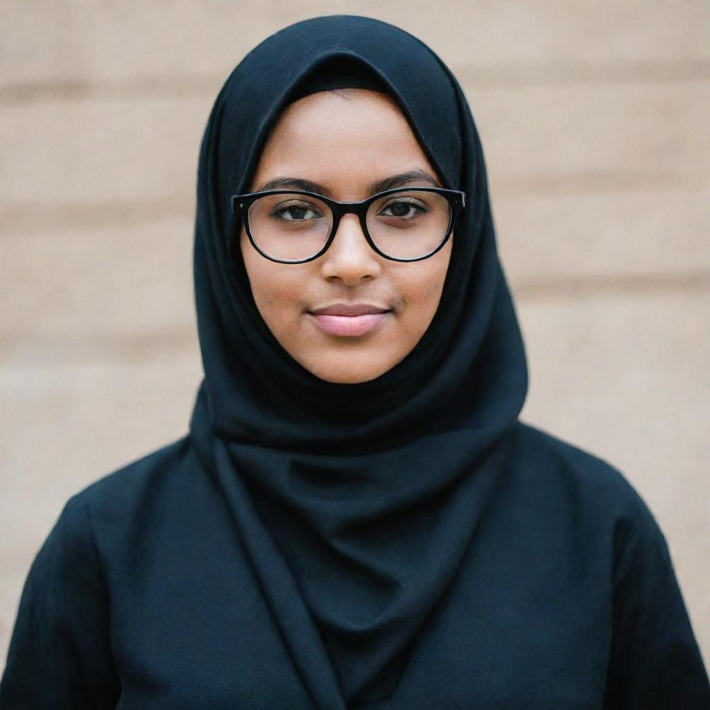 A young girl with a stylish pair of glasses, casually clad in a black hijab.