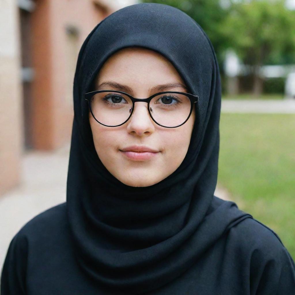 A white young girl wearing a black hijab and stylish glasses.