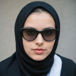 A white young girl wearing a black hijab and stylish glasses.